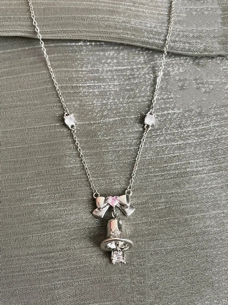 Silver Bell Necklace with Pink Crystal Bow — 925 Sterling Silver