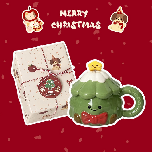 Christmas Tree Ceramic Mug with Star Stirring Stick — 450ml Holiday Coffee Cup
