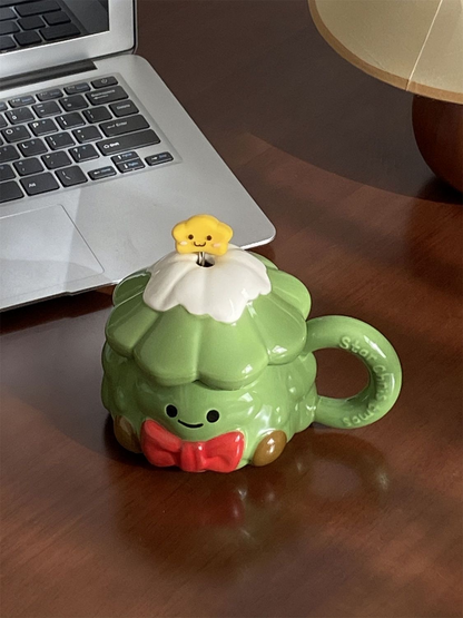 Christmas Tree Ceramic Mug with Star Stirring Stick — 450ml Holiday Coffee Cup