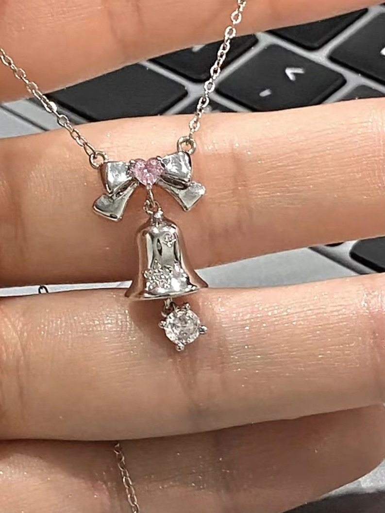 Silver Bell Necklace with Pink Crystal Bow — 925 Sterling Silver