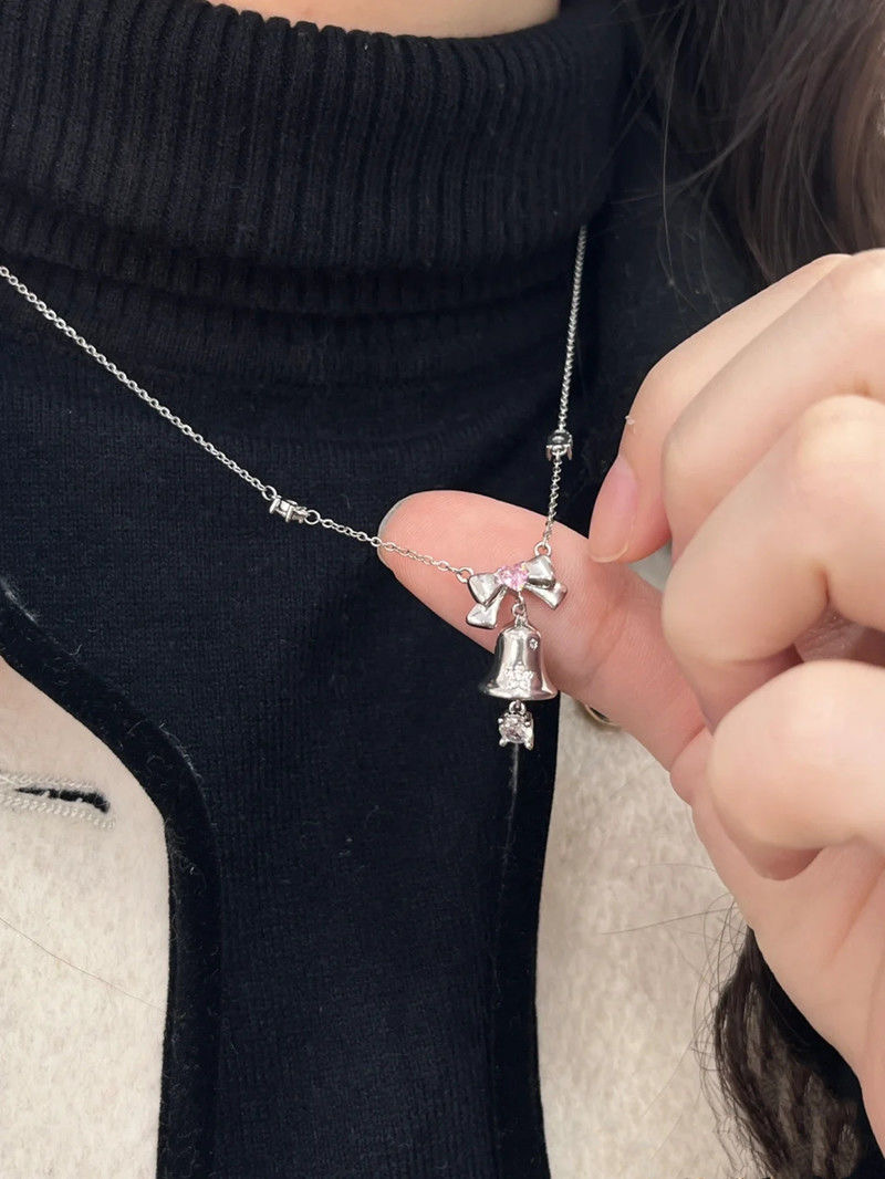 Silver Bell Necklace with Pink Crystal Bow — 925 Sterling Silver