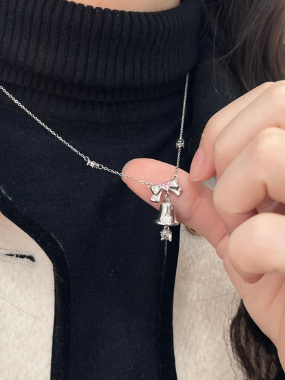 Silver Bell Necklace with Pink Crystal Bow — 925 Sterling Silver