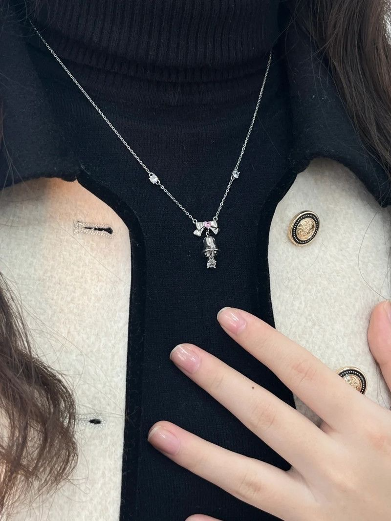 Silver Bell Necklace with Pink Crystal Bow — 925 Sterling Silver