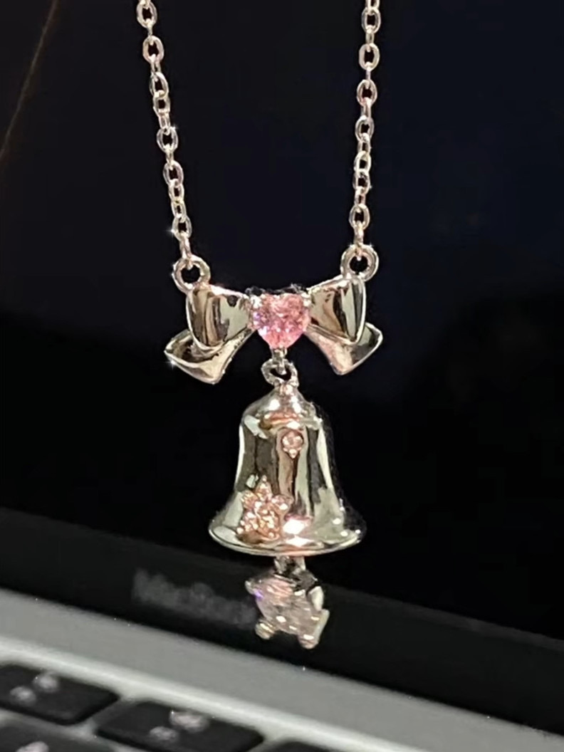 Silver Bell Necklace with Pink Crystal Bow — 925 Sterling Silver