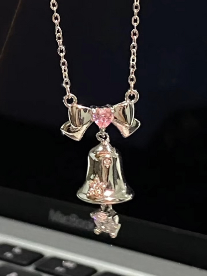 Silver Bell Necklace with Pink Crystal Bow — 925 Sterling Silver