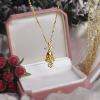 Gold Bell Necklace with Zircon Bow — Festive Pendant Jewelry