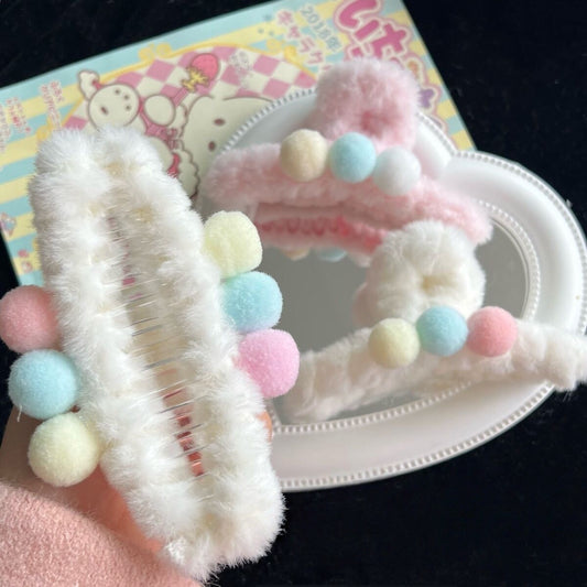 Three-Color Plush Ball Hair Claw