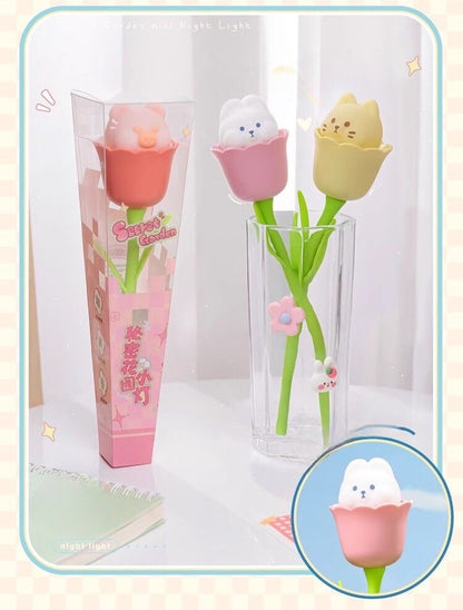 Flower-Shaped Night Light with Bunny & Cat Design