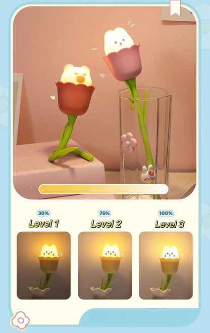 Flower-Shaped Night Light with Bunny & Cat Design