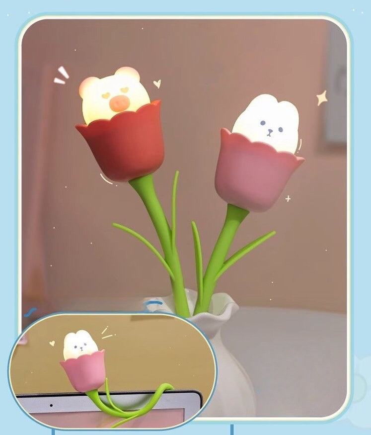 Flower-Shaped Night Light with Bunny & Cat Design