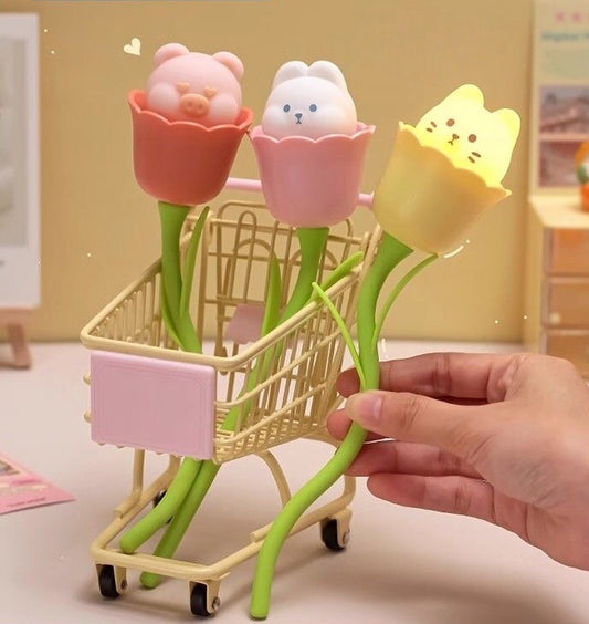 Flower-Shaped Night Light with Bunny & Cat Design