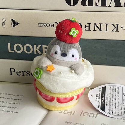 Strawberry Cake Penguin Plush Keychain Pouch