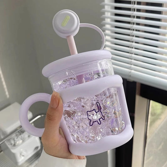 Colorful Multifunctional Glass Cup with Straw