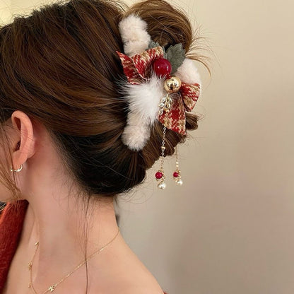 Christmas Bow Tassel Plush Hair Claw Clip — Holiday Hair Accessory 🎄🎀