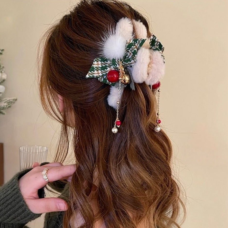 Christmas Bow Tassel Plush Hair Claw Clip — Holiday Hair Accessory 🎄🎀