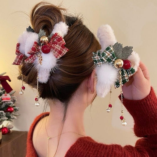 Christmas Bow Tassel Plush Hair Claw Clip — Holiday Hair Accessory 🎄🎀